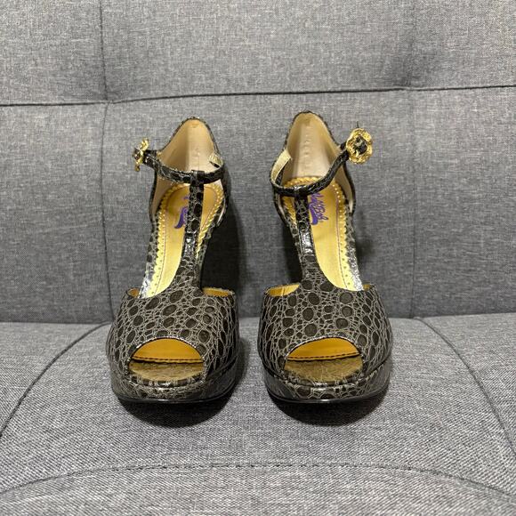 Hale Bob High Heel Shoe Women 7 Black Gray Alligator Leather Pump Peep Toe - Picture 2 of 9